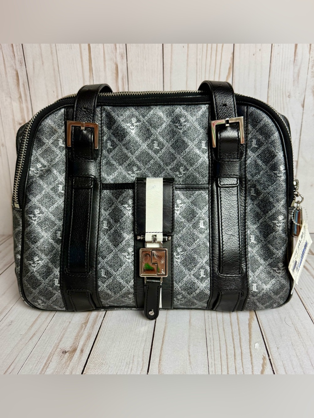 NWT L.A.M.B Silver & Black Oxford Tote Shoulder Bag Vegan Leather Purse